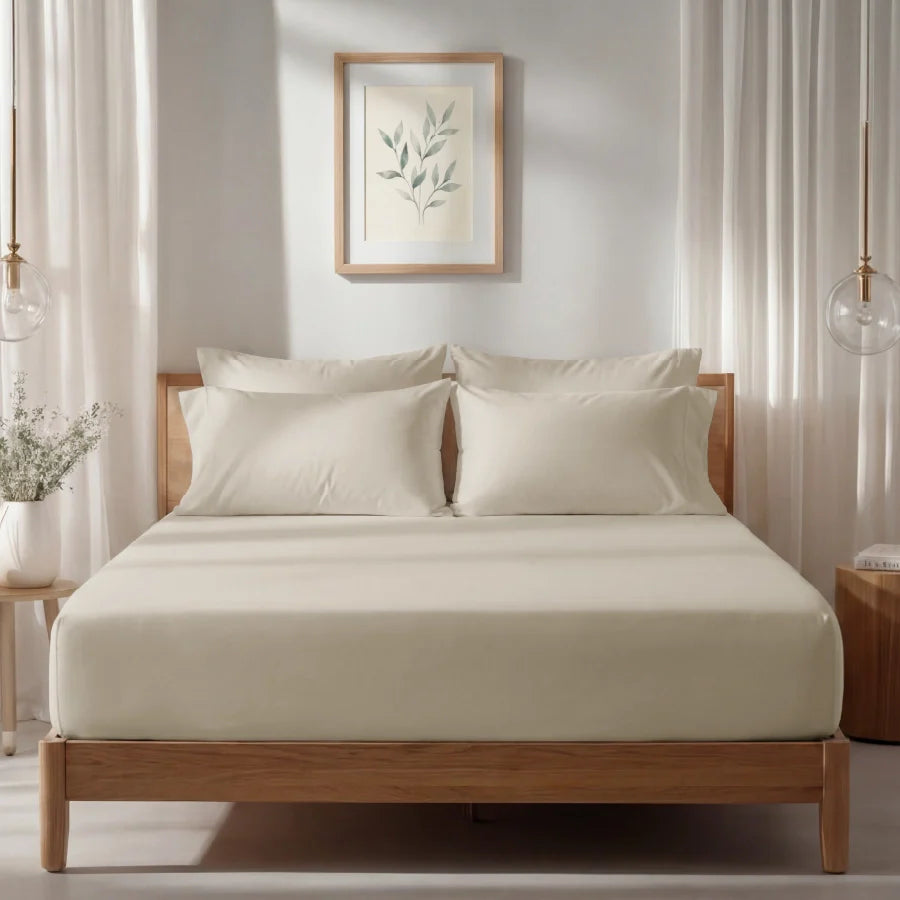 Fitted Bedsheet Set | 1000TC Solid | 100% Cotton Bedsheet + 4 Pillow Cases [Sizes: King Bedsheets & Queen/ Double Bedsheets] - King / solid-beige
