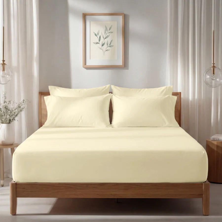 Fitted Bedsheet Set | 1000TC Solid | 100% Cotton Bedsheet + 4 Pillow Cases [Sizes: King Bedsheets & Queen/ Double Bedsheets] - King / solid-ivory