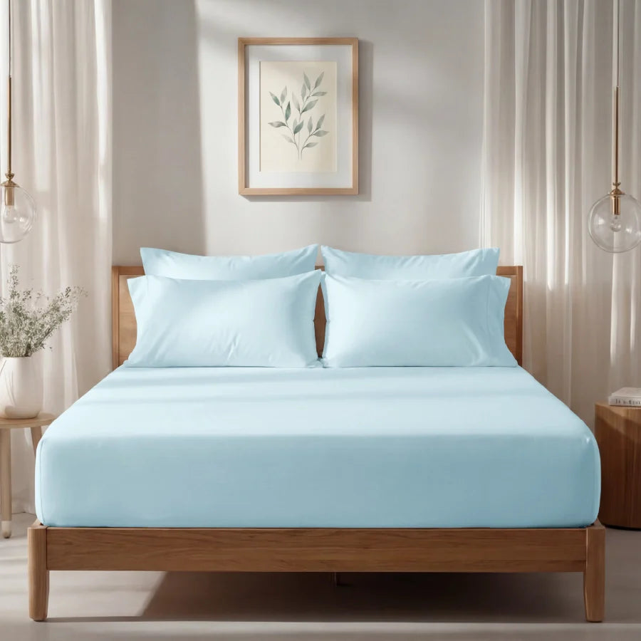 Fitted Bedsheet Set | 1000TC Solid | 100% Cotton Bedsheet + 4 Pillow Cases [Sizes: King Bedsheets & Queen/ Double Bedsheets] - King / solid-pale-blue