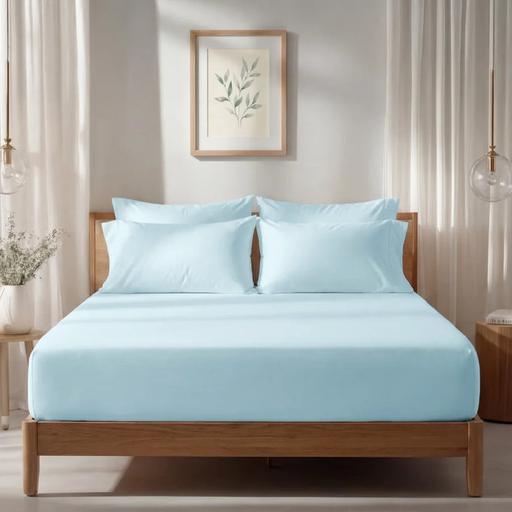 Fitted Bedsheet Set | 1000TC Solid | 100% Cotton Bedsheet + 4 Pillow Cases [Sizes: King Bedsheets & Queen/ Double Bedsheets] - King / solid-pale-blue