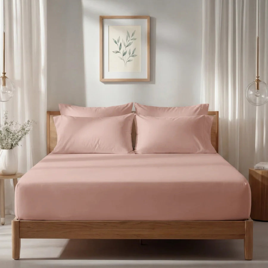Fitted Bedsheet Set | 1000TC Solid | 100% Cotton Bedsheet + 4 Pillow Cases [Sizes: King Bedsheets & Queen/ Double Bedsheets] - King / solid-rosa-agreste