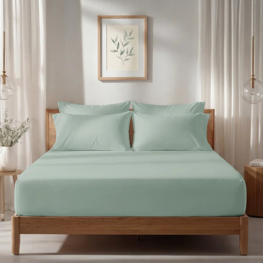 Fitted Bedsheet Set | 1000TC Solid | 100% Cotton Bedsheet + 4 Pillow Cases [Sizes: King Bedsheets & Queen/ Double Bedsheets] - King / solid-laurel-green