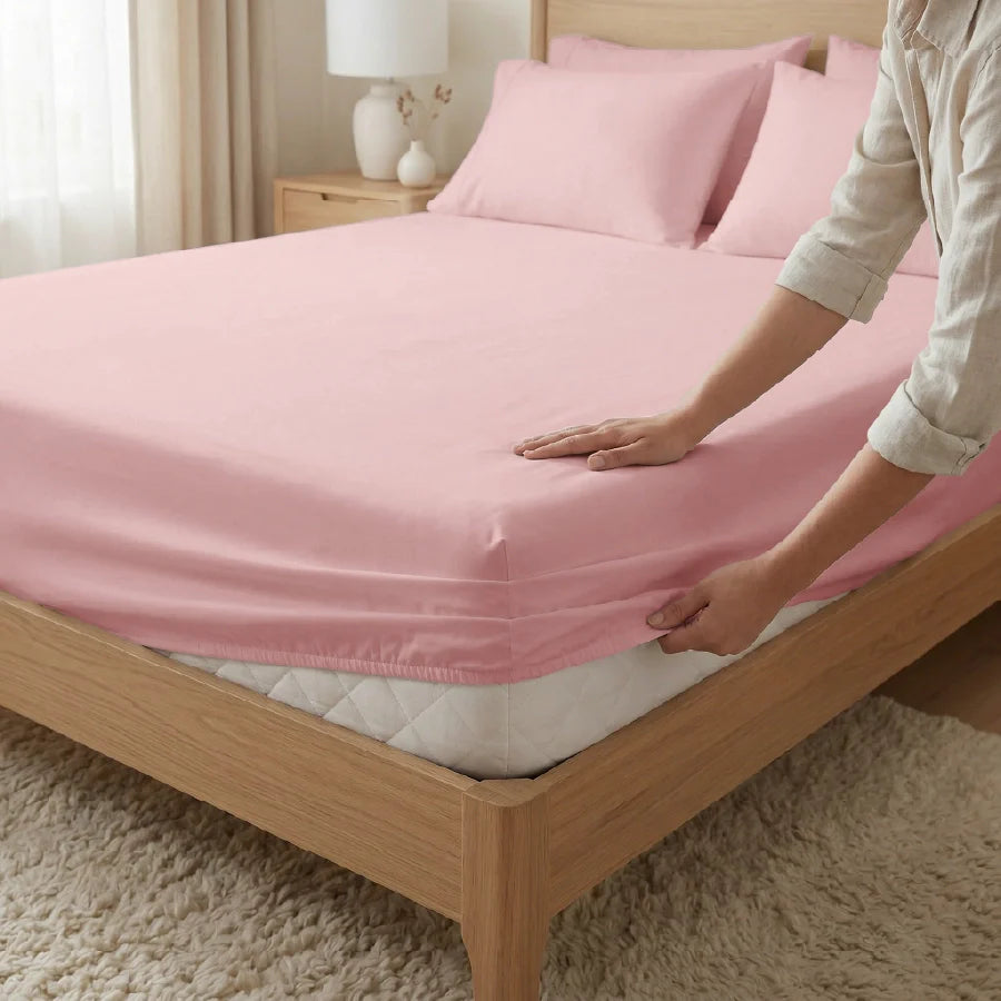 Fitted Bedsheet Set | 1000TC Solid | 100% Cotton Bedsheet + 4 Pillow Cases [Sizes: King Bedsheets & Queen/ Double Bedsheets] - King / solid-cameo-rose