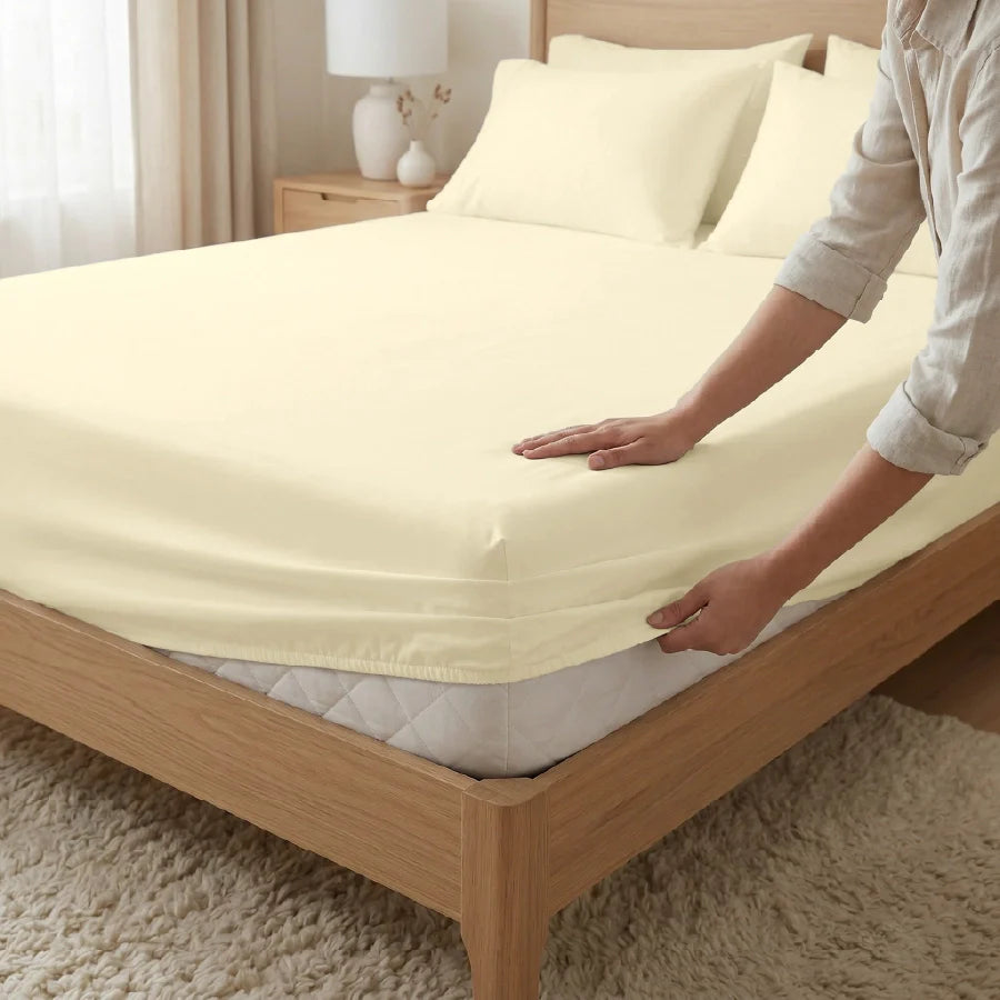 Fitted Bedsheet Set | 1000TC Solid | 100% Cotton Bedsheet + 4 Pillow Cases [Sizes: King Bedsheets & Queen/ Double Bedsheets] - King / solid-ivory