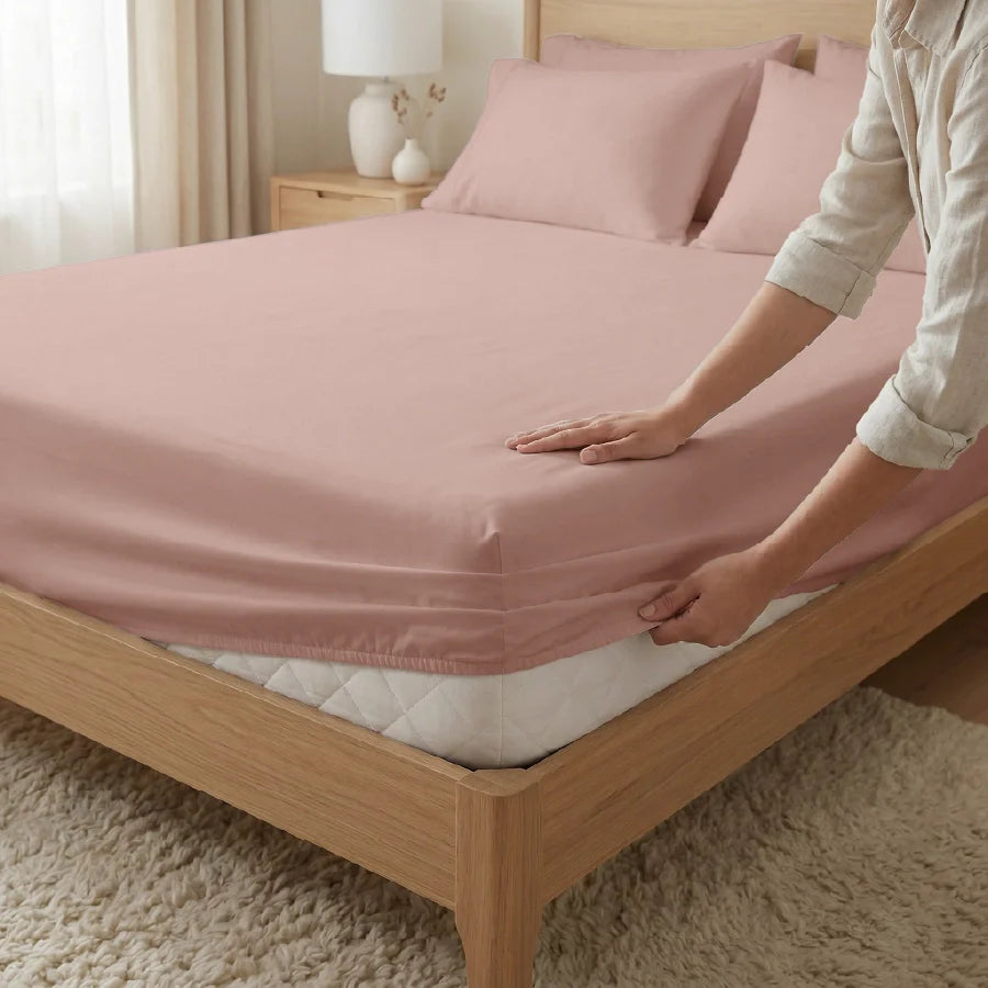 Fitted Bedsheet Set | 1000TC Solid | 100% Cotton Bedsheet + 4 Pillow Cases [Sizes: King Bedsheets & Queen/ Double Bedsheets] - King / solid-rosa-agreste
