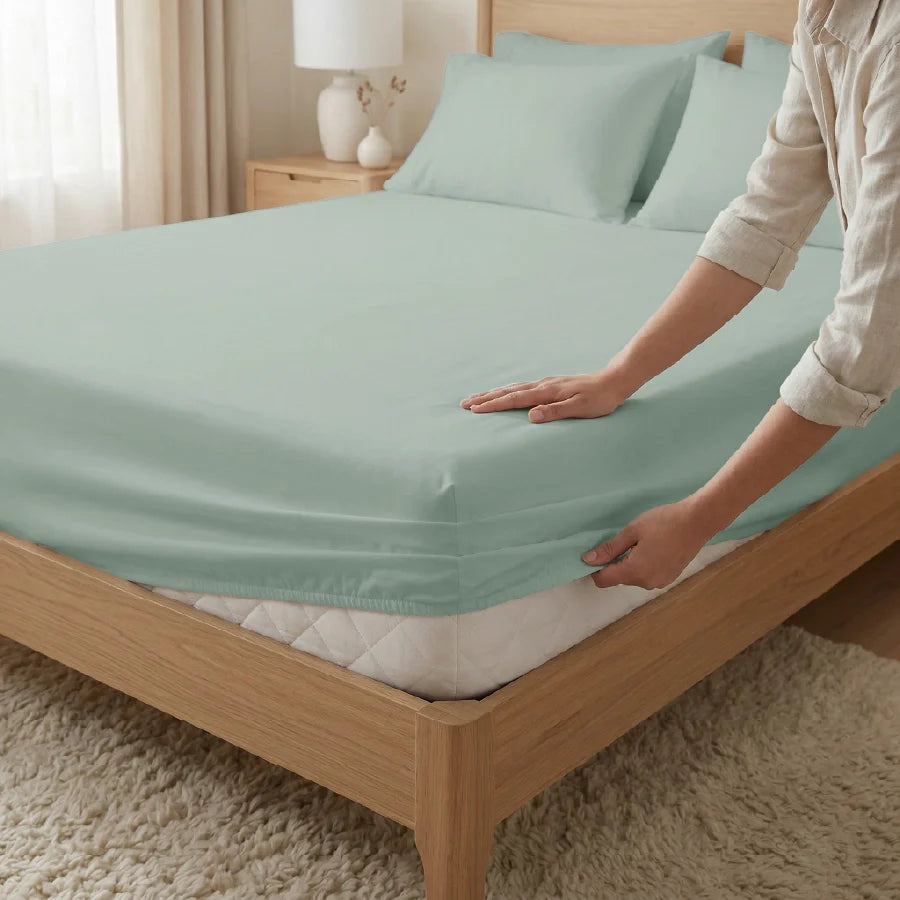 Fitted Bedsheet Set | 1000TC Solid | 100% Cotton Bedsheet + 4 Pillow Cases [Sizes: King Bedsheets & Queen/ Double Bedsheets] - King / solid-laurel-green