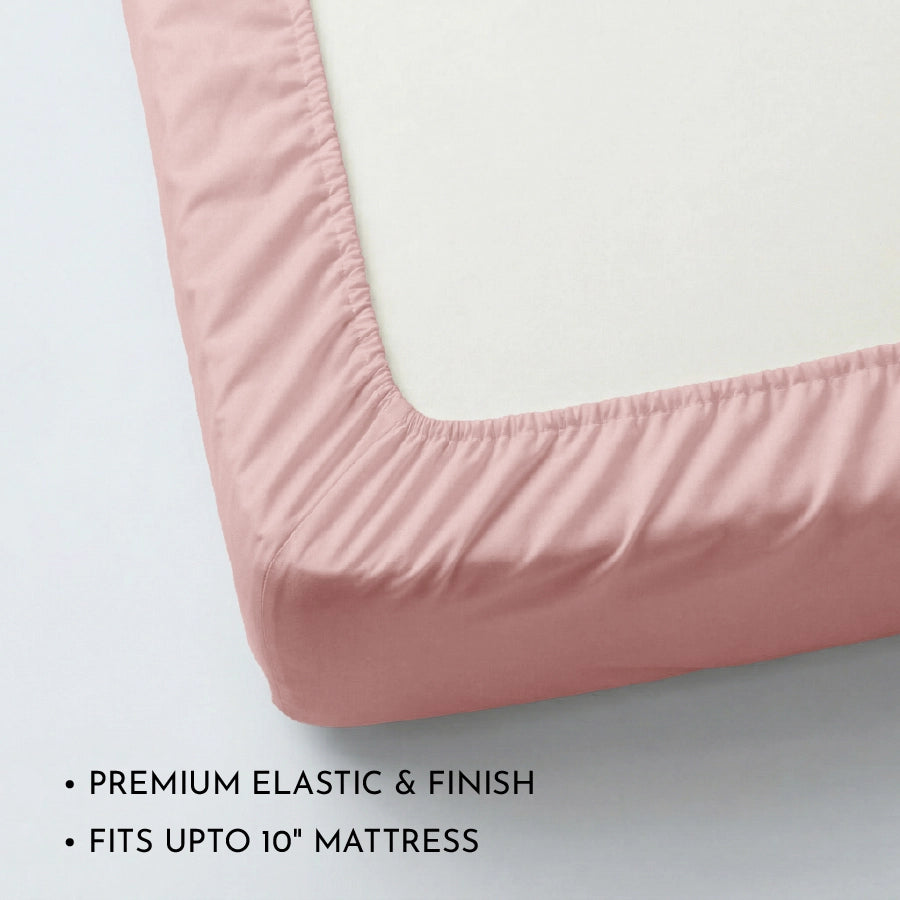 Fitted Bedsheet Set | 1000TC Solid | 100% Cotton Bedsheet + 4 Pillow Cases [Sizes: King Bedsheets & Queen/ Double Bedsheets] - King / solid-cameo-rose