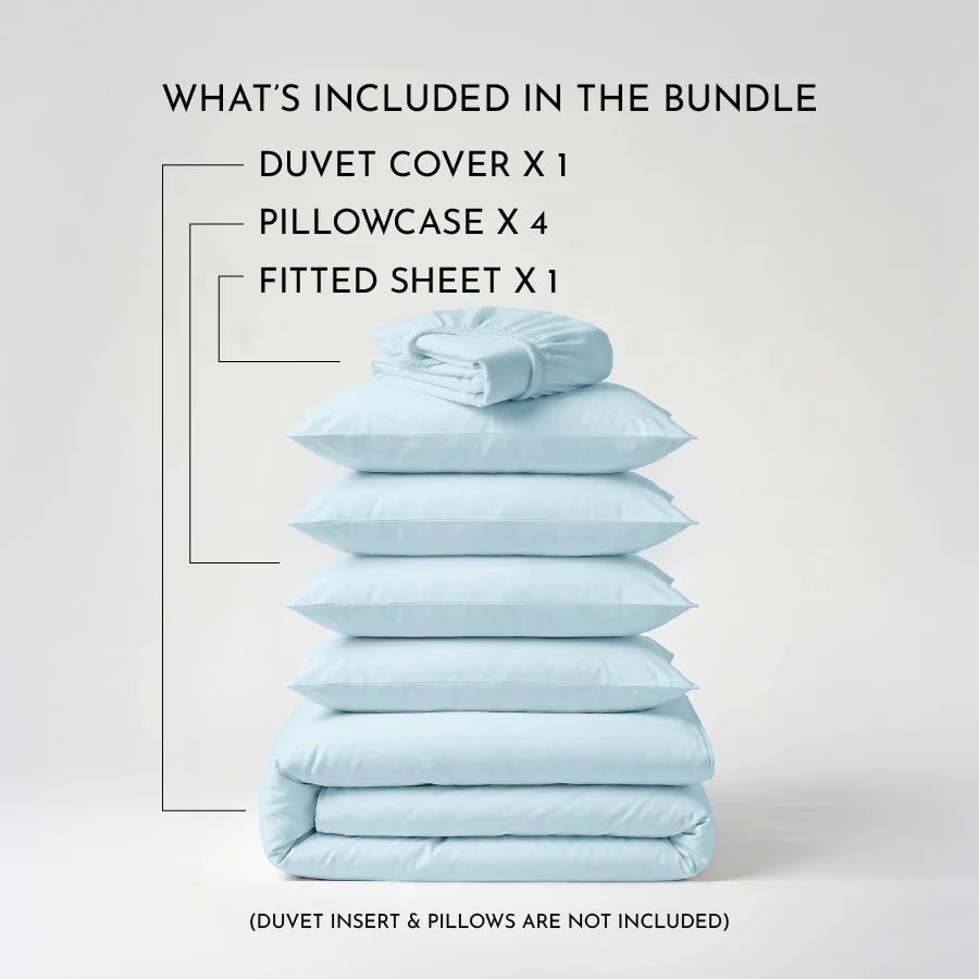Bedding Bundle - 1000TC Fitted Sheet Set with Duvet Cover - White, Pale Blue, Beige - King