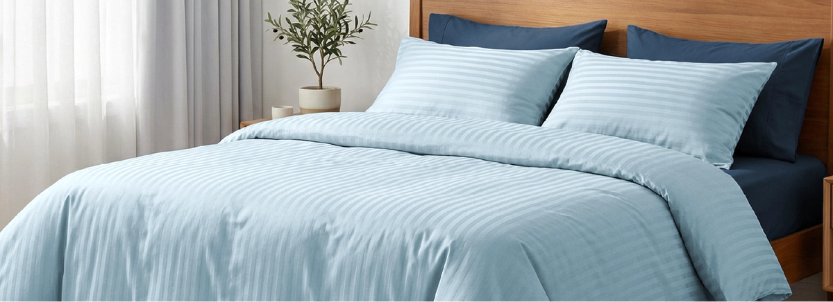 100% Cotton Pale Blue Striped Bedsheet With Navy Blue Solid Pillows