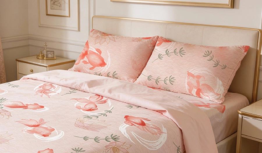 100% Cotton Printed Bedsheet in Koi Fish Design With Pillow Covers