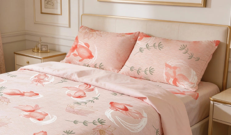 100% Cotton Printed Bedsheet in Koi Fish Design With Pillow Covers