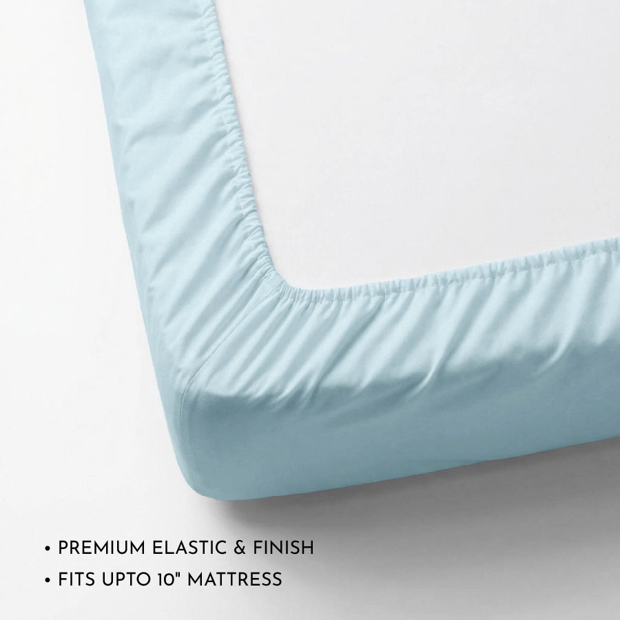 Fitted Bedsheet Set | 200TC Percale | 100% Cotton Bedsheet + 2 Pillow Cases [Sizes: King Bedsheets & Queen/ Double Bedsheets] - Solid-Pale-Blue