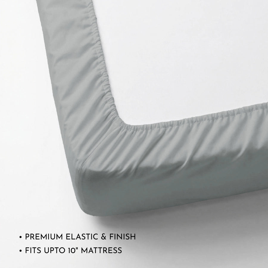 Fitted Bedsheet Set | 200TC Percale | 100% Cotton Bedsheet + 2 Pillow Cases [Sizes: King Bedsheets & Queen/ Double Bedsheets] - Solid-Light-Grey