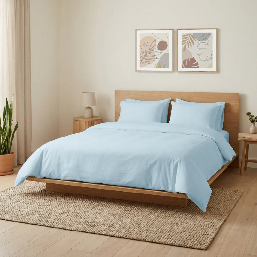 Fitted Bedsheet Set | 200TC Percale | 100% Cotton Bedsheet + 2 Pillow Cases [Sizes: King Bedsheets & Queen/ Double Bedsheets] - Solid-Pale-Blue