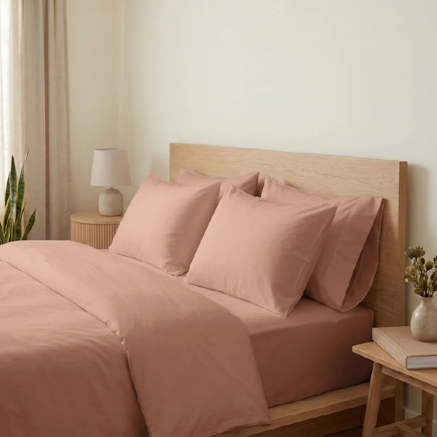 Fitted Bedsheet Set | 200TC Percale | 100% Cotton Bedsheet + 2 Pillow Cases [Sizes: King Bedsheets & Queen/ Double Bedsheets] - Solid-Coral