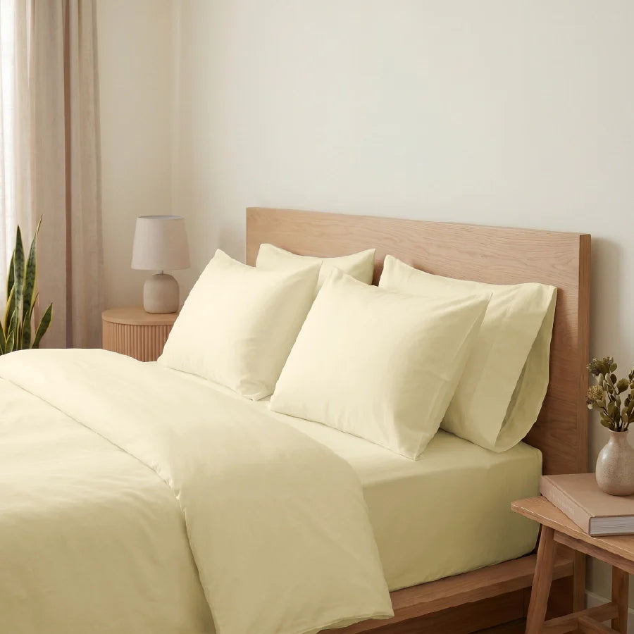 Fitted Bedsheet Set | 200TC Percale | 100% Cotton Bedsheet + 2 Pillow Cases [Sizes: King Bedsheets & Queen/ Double Bedsheets] - Solid-Ivory