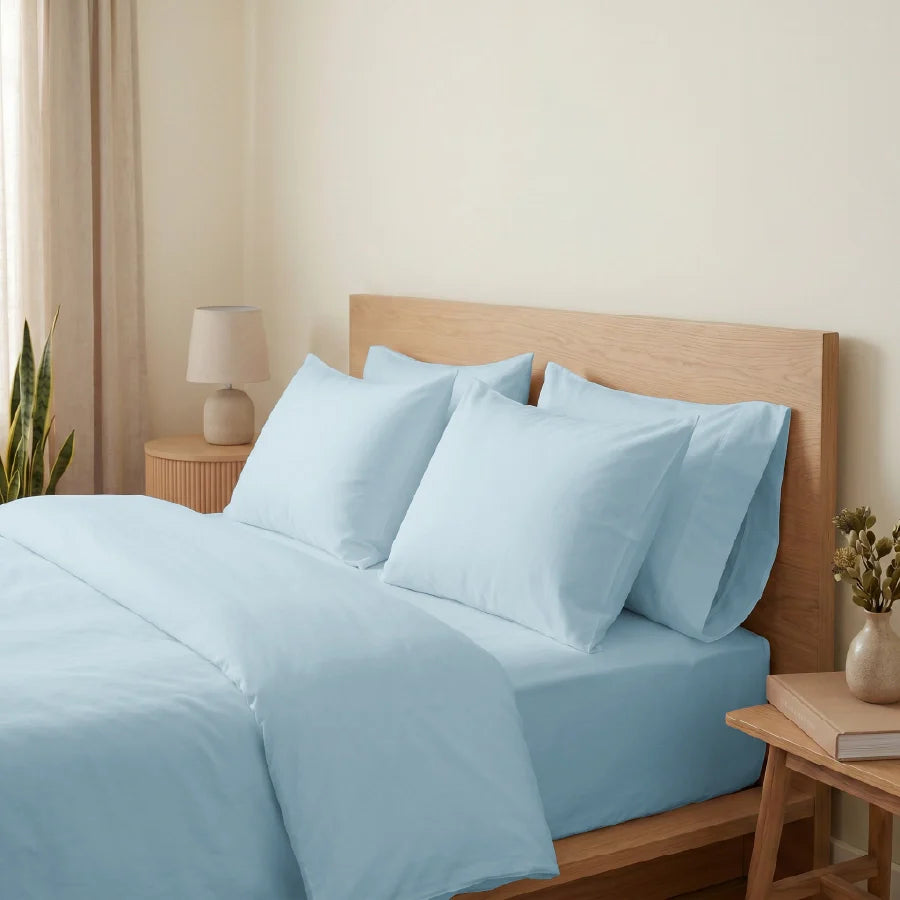 Fitted Bedsheet Set | 200TC Percale | 100% Cotton Bedsheet + 2 Pillow Cases [Sizes: King Bedsheets & Queen/ Double Bedsheets] - Solid-Pale-Blue