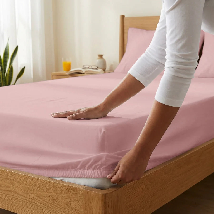 Fitted Bedsheet Set | 200TC Percale | 100% Cotton Bedsheet + 2 Pillow Cases [Sizes: King Bedsheets & Queen/ Double Bedsheets] - Solid-Cameo-Rose