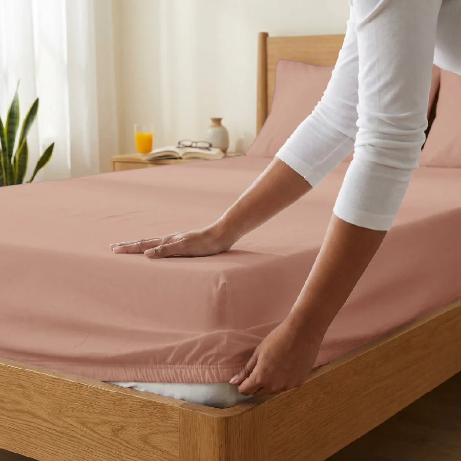 Fitted Bedsheet Set | 200TC Percale | 100% Cotton Bedsheet + 2 Pillow Cases [Sizes: King Bedsheets & Queen/ Double Bedsheets] - Solid-Coral