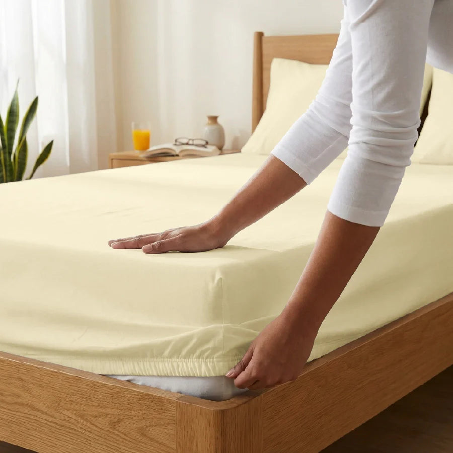 Fitted Bedsheet Set | 200TC Percale | 100% Cotton Bedsheet + 2 Pillow Cases [Sizes: King Bedsheets & Queen/ Double Bedsheets] - Solid-Ivory
