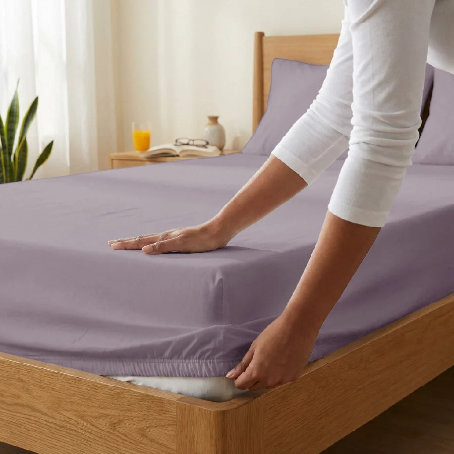 Fitted Bedsheet Set | 200TC Percale | 100% Cotton Bedsheet + 2 Pillow Cases [Sizes: King Bedsheets & Queen/ Double Bedsheets] - Solid-Lilac