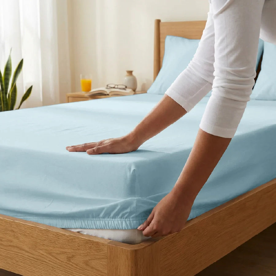 Fitted Bedsheet Set | 200TC Percale | 100% Cotton Bedsheet + 2 Pillow Cases [Sizes: King Bedsheets & Queen/ Double Bedsheets] - Solid-Pale-Blue