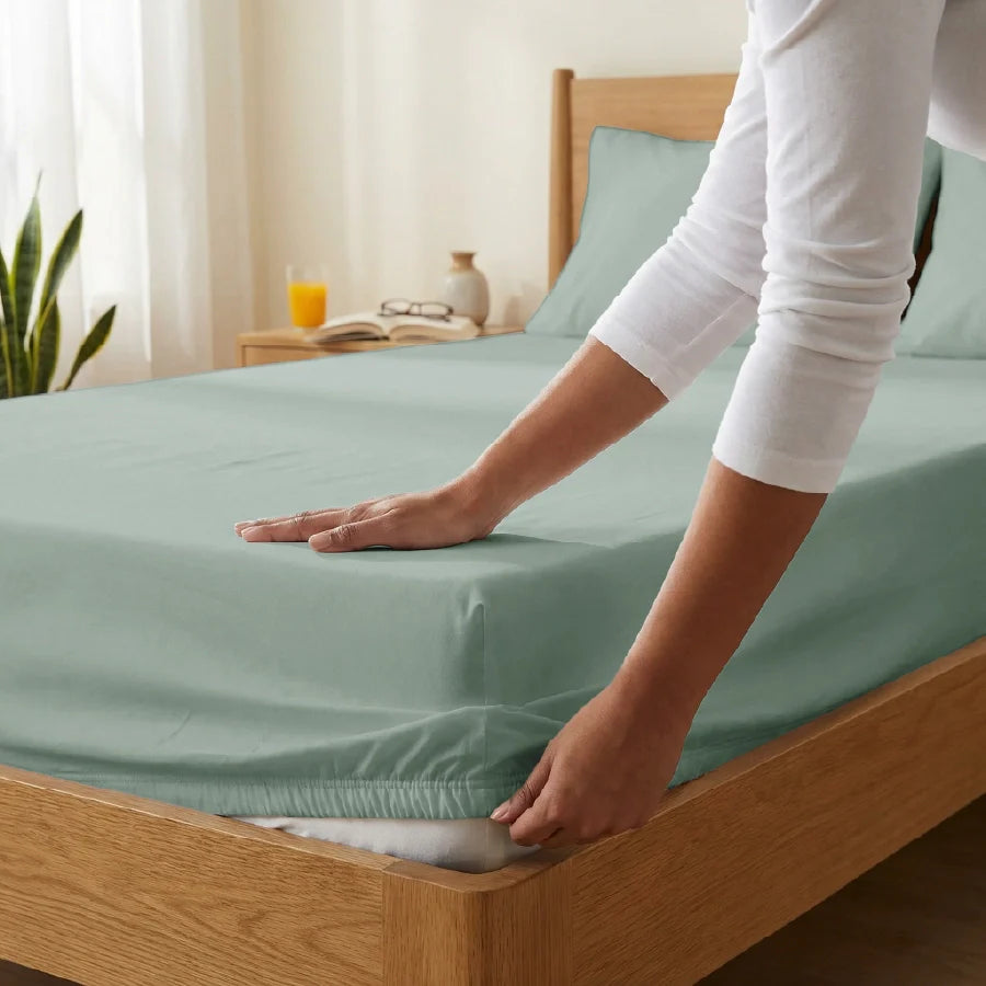 Fitted Bedsheet Set | 200TC Percale | 100% Cotton Bedsheet + 2 Pillow Cases [Sizes: King Bedsheets & Queen/ Double Bedsheets] - Solid-Laurel-Green