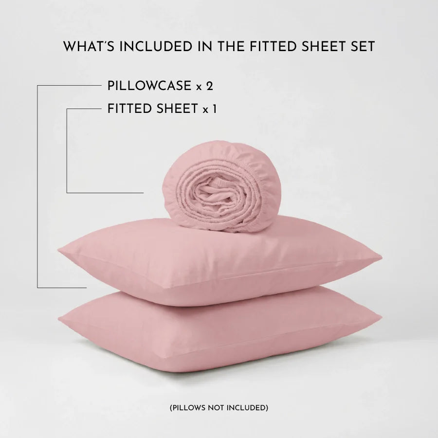Fitted Bedsheet Set | 200TC Percale | 100% Cotton Bedsheet + 2 Pillow Cases [Sizes: King Bedsheets & Queen/ Double Bedsheets] - Solid-Cameo-Rose