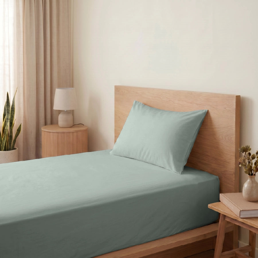 Bedsheet Set | 200TC Percale | 100% Cotton King Size Bedsheet + 2 Pillow Cases - Single - Sage green