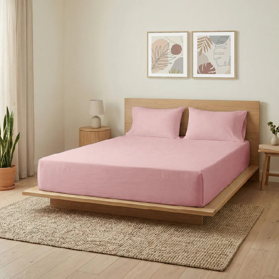 Bedsheet Set | 200TC Percale | 100% Cotton King Size Bedsheet + 2 Pillow Cases - Solid-Cameo-Rose