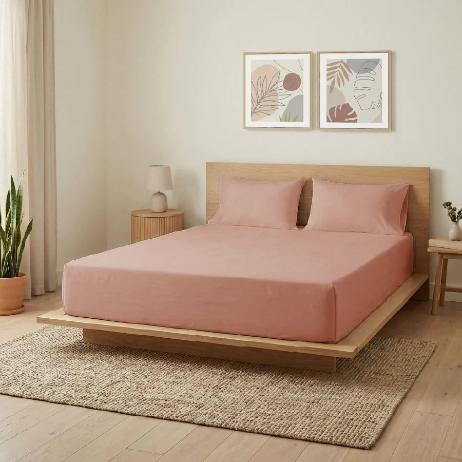 Bedsheet Set | 200TC Percale | 100% Cotton King Size Bedsheet + 2 Pillow Cases - Solid-Coral