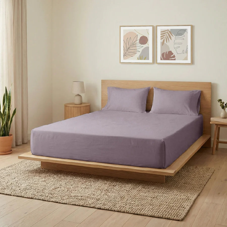 Bedsheet Set | 200TC Percale | 100% Cotton King Size Bedsheet + 2 Pillow Cases - Solid-Lilac