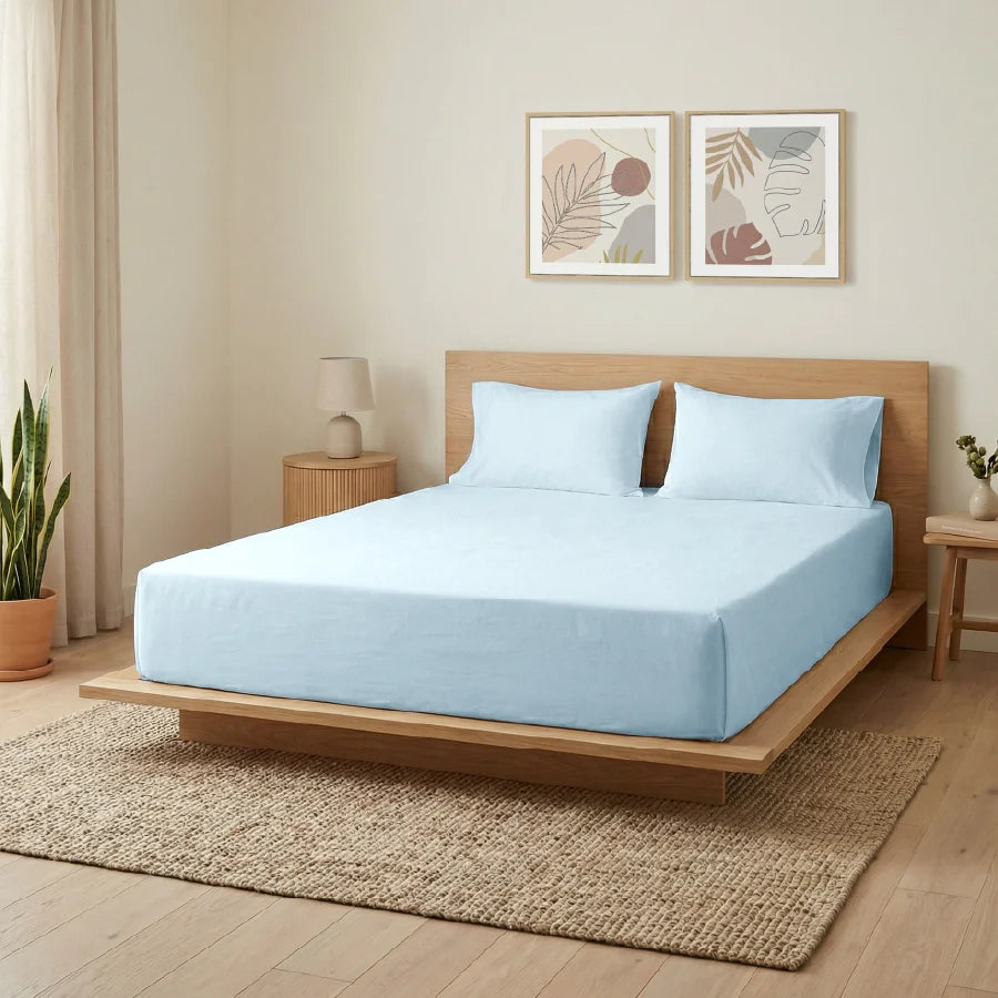 Bedsheet Set | 200TC Percale | 100% Cotton King Size Bedsheet + 2 Pillow Cases - Solid-Pale-Blue