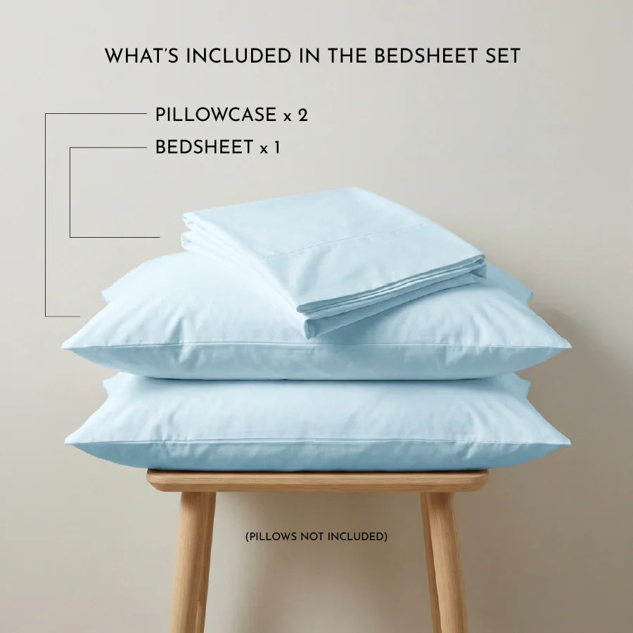 Bedsheet Set | 200TC Percale | 100% Cotton King Size Bedsheet + 2 Pillow Cases - Solid-Pale-Blue