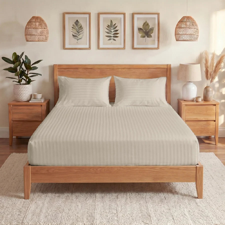 300TC Stripes Fitted Bedsheet Beige