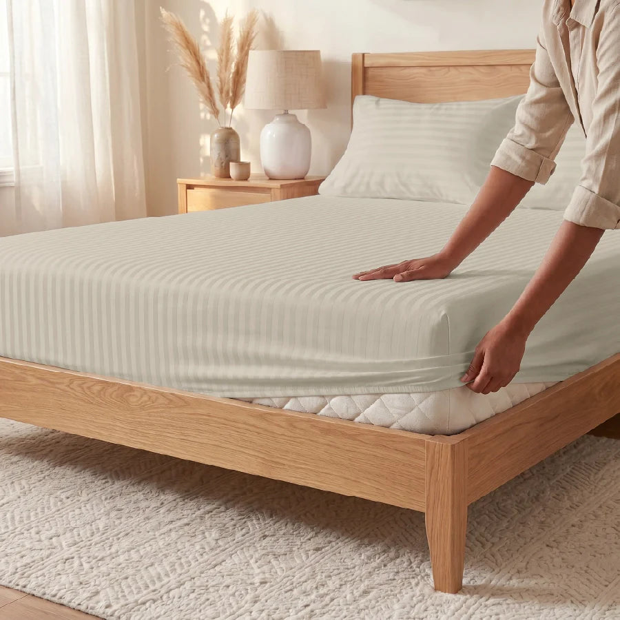 300TC Stripes Fitted Bedsheet Beige