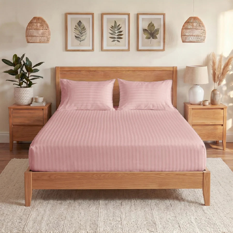 300TC Stripes Fitted Bedsheet Cameo Rose