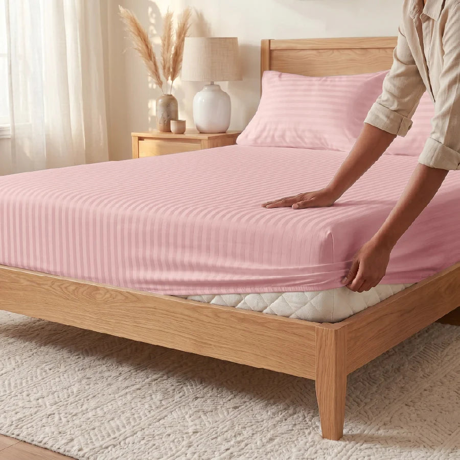 300TC Stripes Fitted Bedsheet Cameo Rose