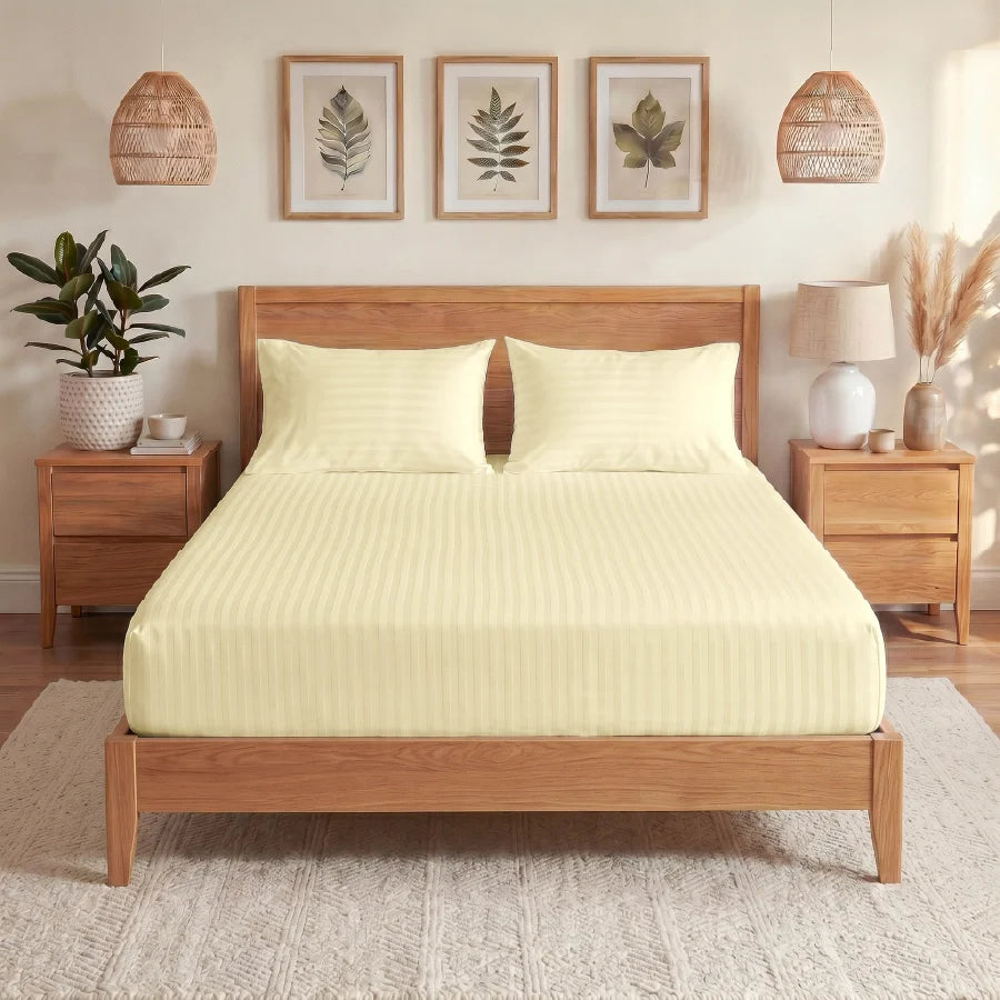 300TC Stripes Fitted Bedsheet Ivory