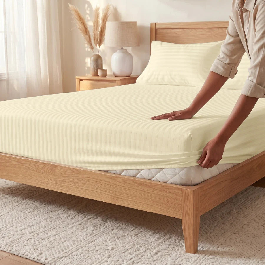 300TC Stripes Fitted Bedsheet Ivory