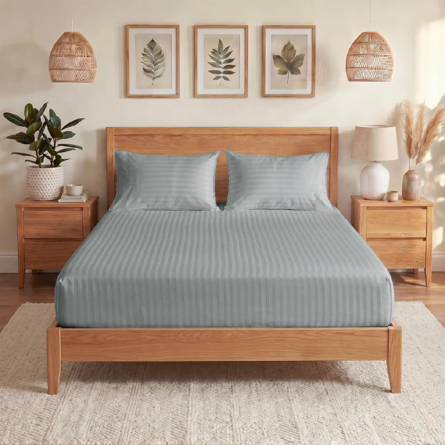 300TC Stripes Fitted Bedsheet Light Grey