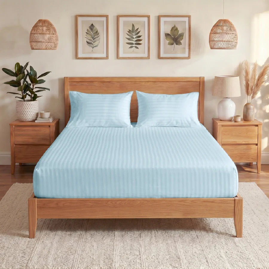 300TC Stripes Fitted Bedsheet Pale Blue