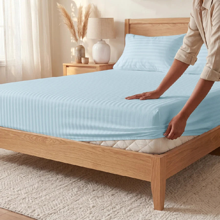 300TC Stripes Fitted Bedsheet Pale Blue