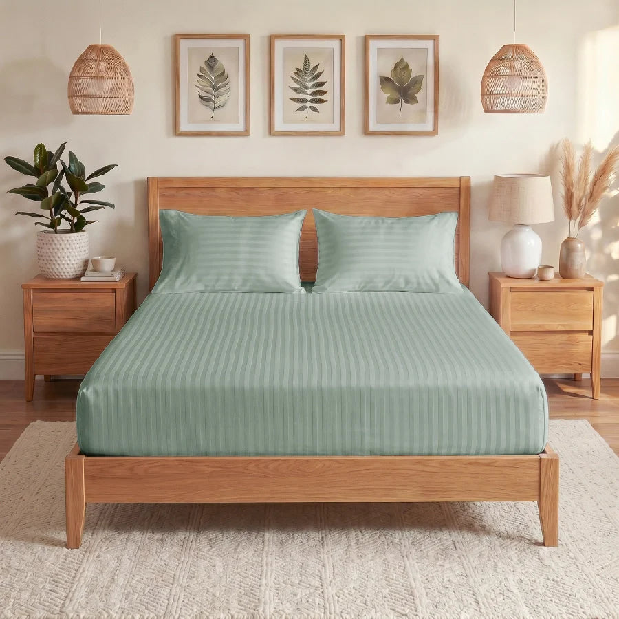 300TC Stripes Fitted Bedsheet Sage Green