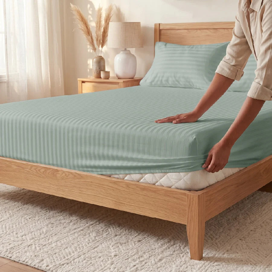300TC Stripes Fitted Bedsheet Sage Green