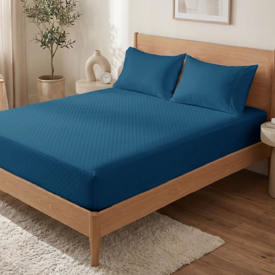 Fitted Bedsheet Set | Swiss Dot | 100% Cotton Bedsheet + 2 Pillow Cases [Sizes: King Bedsheets & Queen/ Double Bedsheets] | 300TC - Swiss-Dot-Azure-Blue
