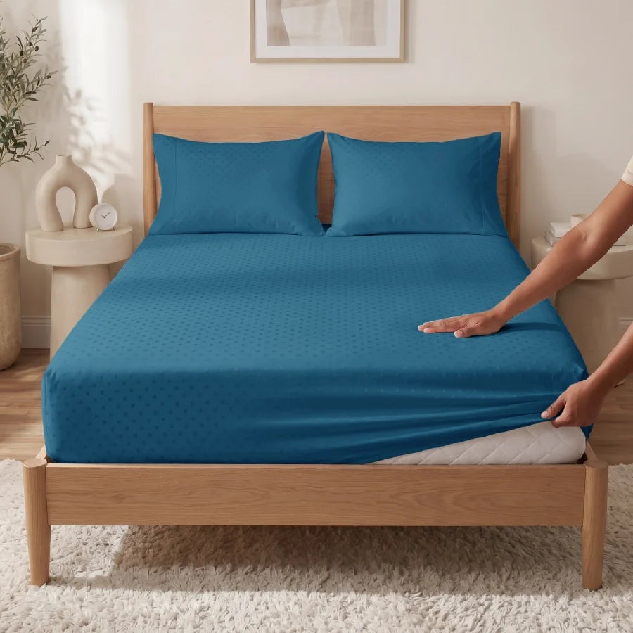 Fitted Bedsheet Set | Swiss Dot | 100% Cotton Bedsheet + 2 Pillow Cases [Sizes: King Bedsheets & Queen/ Double Bedsheets] | 300TC - Swiss-Dot-Azure-Blue