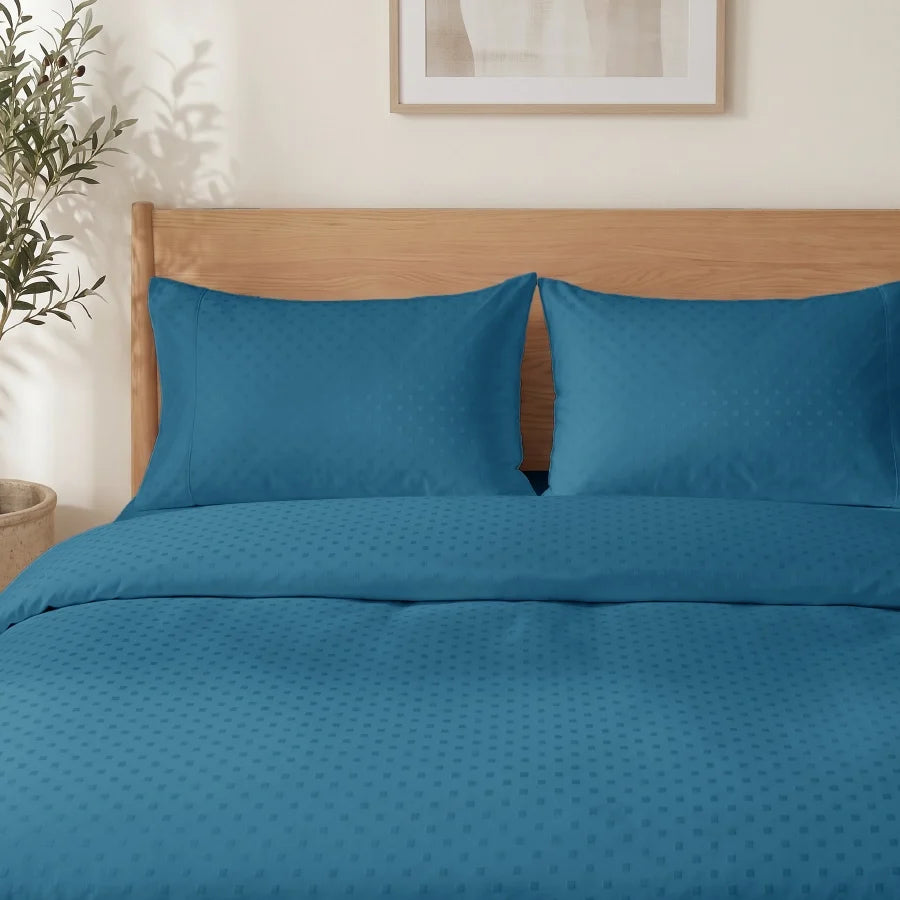 Fitted Bedsheet Set | Swiss Dot | 100% Cotton Bedsheet + 2 Pillow Cases [Sizes: King Bedsheets & Queen/ Double Bedsheets] | 300TC - Swiss-Dot-Azure-Blue