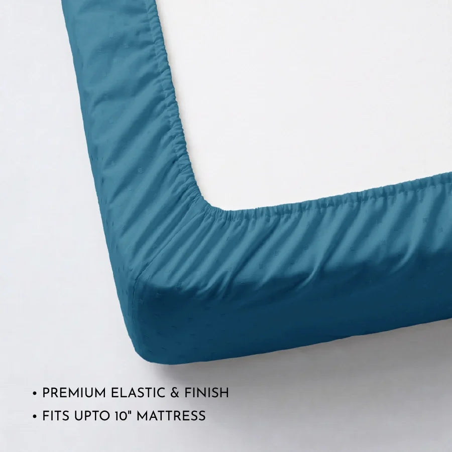 Fitted Bedsheet Set | Swiss Dot | 100% Cotton Bedsheet + 2 Pillow Cases [Sizes: King Bedsheets & Queen/ Double Bedsheets] | 300TC - Swiss-Dot-Azure-Blue