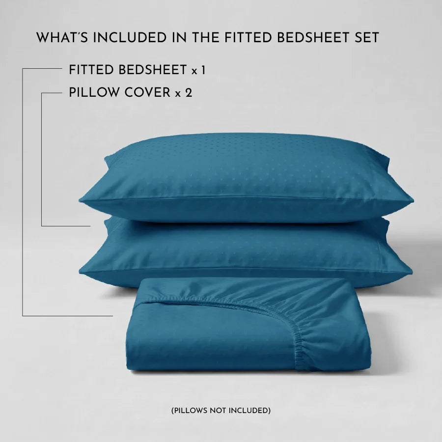 Fitted Bedsheet Set | Swiss Dot | 100% Cotton Bedsheet + 2 Pillow Cases [Sizes: King Bedsheets & Queen/ Double Bedsheets] | 300TC - Swiss-Dot-Azure-Blue